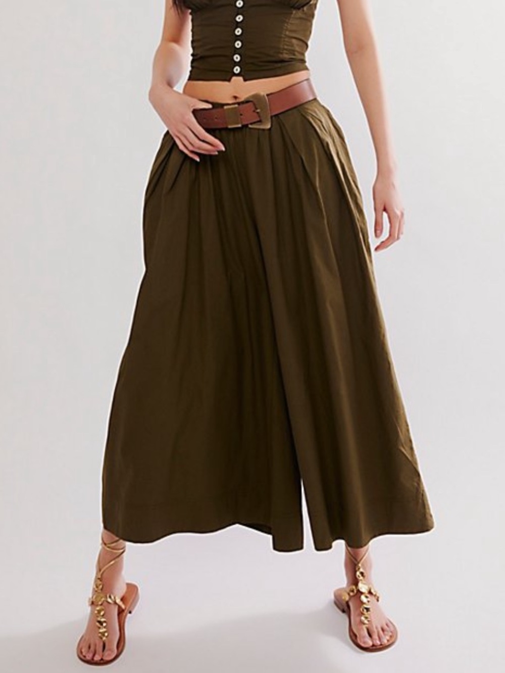 Free People Into you Eyelet Wide Leg Cropped Pant in Garden Snake Green XS